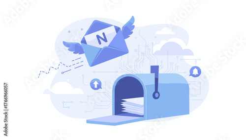 Vivid illustration of a blue envelope with wings flying out of a mailbox, symbolizing email communication, newsletter subscriptions, and digital messaging, with circuit board patterns and cloud