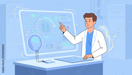 A scientist in a lab coat points to a futuristic computer screen displaying brain scans and data, representing advancements in neuroscience, artificial intelligence, and medical technology, with
