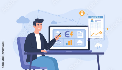 Modern flat illustration of a man interacting with a laptop displaying an e-invoice and online digital statements, symbolizing financial technology, digital accounting, and secure data management