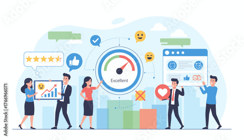 Illustrating the concept of employee feedback and opinion, showcasing a customer rating review with a satisfaction meter indicating excellent performance, alongside positive social media icons and