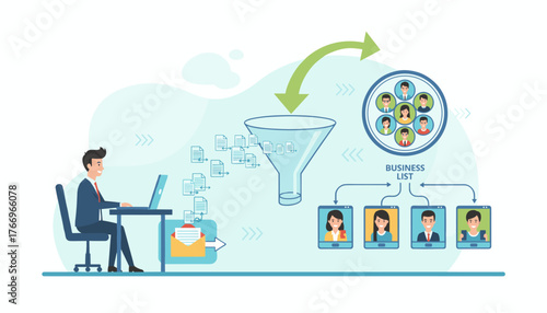 Conceptual diagram illustrating the process of email marketing or newsletter campaigns, showing data flow from a person working on a laptop to a funnel, and then to a business list with individual