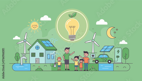 Vivid flat vector illustration of a family embracing a sustainable lifestyle, featuring a house with solar panels, wind turbines, an electric car charging station, and a glowing lightbulb symbolizing