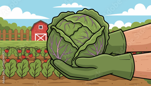 Vibrant cartoon illustration of farmer's gloved hands carefully holding a large, freshly harvested organic red cabbage, showcasing its textured leaves and purple veins, with a bountiful vegetable