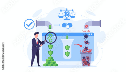 Fact-checking process illustration: a businessman analyzes information with a magnifying glass, separating facts from false information, symbolizing the importance of truth and honesty in a digital
