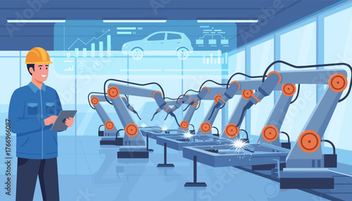 A smiling engineer in a hard hat and blue uniform uses a tablet to monitor a futuristic car manufacturing assembly line where robotic arms perform precise welding operations, showcasing advanced