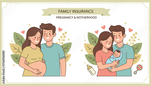 Vibrant illustration depicting the journey of family insurance, showcasing pregnancy and motherhood with a loving couple embracing their newborn, symbolizing protection and care during life's