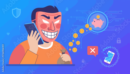 Illustration of a scammer wearing a mask, holding a phone and a money bag, with coins flowing into a piggy bank and a broken phone symbolizing cyber fraud and financial crime, representing online