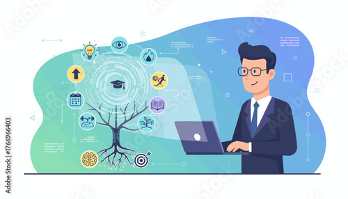 Personal growth concept illustration with a businessman using a laptop, surrounded by icons representing creativity, vision, motivation, education, and development, symbolizing a journey of