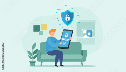 Modern flat illustration of a person sitting on a sofa, using a smartphone to log in with a password, symbolizing digital security, data protection, and online privacy with a shield icon and cloud