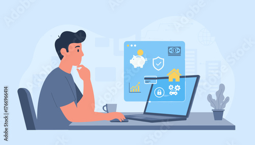 Young man thoughtfully contemplating financial planning on his laptop, with icons representing savings, security, investment growth, and loans displayed on the screen, symbolizing personal finance