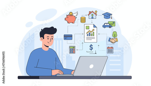 Young man using a laptop to manage personal finances, illustrating concepts of loans, savings, investments, and financial planning with icons for piggy bank, house, car, graduation cap, credit card