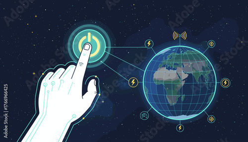Futuristic digital hand pressing a glowing power button, initiating a global network of energy icons and wireless signals around a stylized Earth against a starry night sky, symbolizing technology