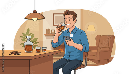 A smiling man in a blue shirt sits at a wooden bar, enjoying a glass of bourbon whiskey with ice while texting on his smartphone, with a decanter and two glasses nearby, a fireplace and armchair in