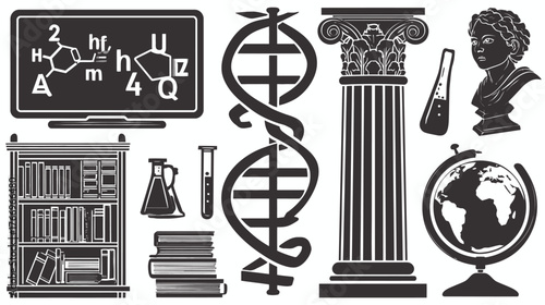 Comprehensive Academic & Science Icon Set: DNA, Chemistry, Books, Globe, Classical Column & Bust. Education and Knowledge Symbols.