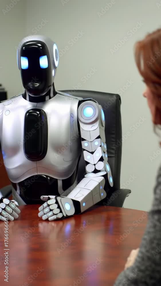 Sleek Modern Humanoid Robot with Blue Lights Sitting at Office Table ...