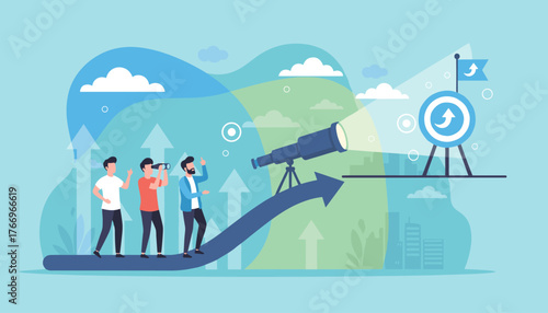 Teamwork and shared vision propel individuals forward on a blue arrow path towards a distant target with a flag, symbolizing success and future horizons, as they use binoculars and a telescope to