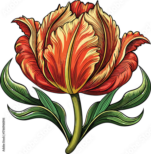 Detailed illustration of a vibrant tulip with decorative fringed petal edges isolated on white background isolated on transparent background