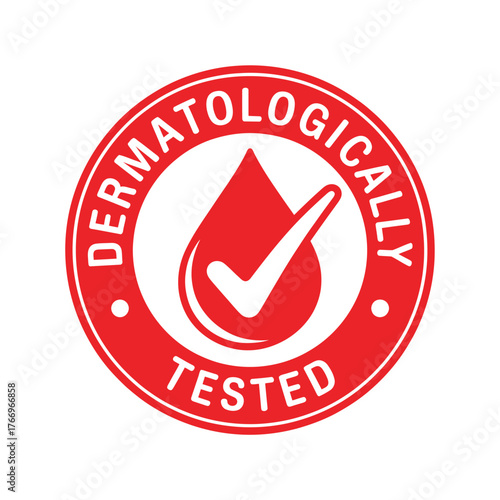 Dermatologically tested seal with red blood drop and checkmark