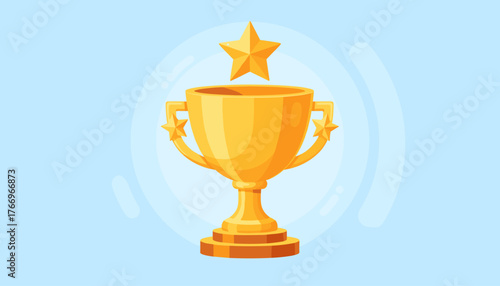 A gleaming golden 3D trophy cup, adorned with stars on its handles and a prominent star atop, stands as a symbol of achievement and victory against a soft blue background with subtle circular