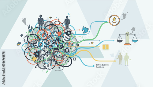 Abstract illustration of a complex, tangled mess of gears, chains, and abstract shapes representing business challenges, with colorful lines leading to solutions like puzzle pieces, a scale of