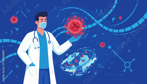 Abstract healthcare concept with a doctor wearing a mask and stethoscope holding a COVID-19 virus model, surrounded by scientific elements and a stylized Earth, symbolizing global pandemic and
