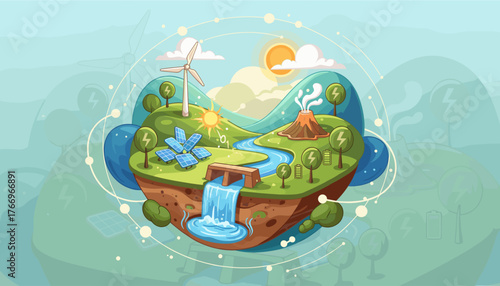 Vibrant abstract illustration showcasing a miniature ecosystem powered by renewable energy sources, featuring solar panels, wind turbines, and geothermal activity, symbolizing sustainability and