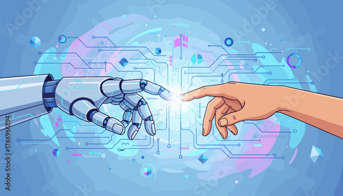 Futuristic digital art depicting the moment of connection between a robotic hand and a human hand, symbolizing the convergence of artificial intelligence and humanity, set against a backdrop of