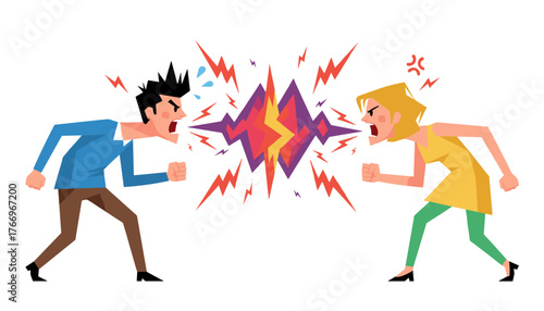 Vivid illustration of a couple in a heated argument, with angry expressions, clenched fists, and explosive energy radiating between them, symbolizing conflict and disagreement on a clean white