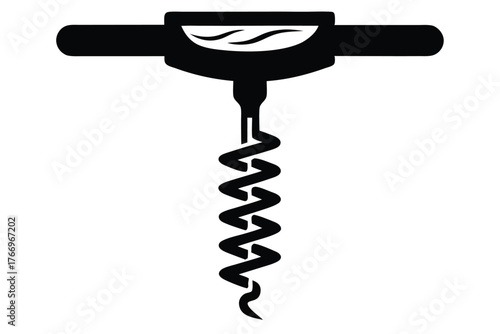 Black winged corkscrew with metal spiral shows bar and drink tool