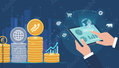 Digital marketing and online business growth concept with stacks of coins, charts on tablet, global network icons, and financial symbols, representing investment, trading, and e-commerce success in a