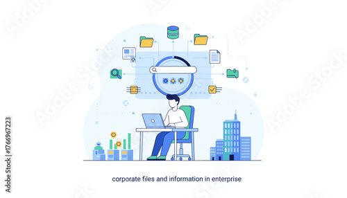 Modern flat illustration of a digital document management system concept, showcasing a person working on a laptop connected to a central search interface with various data icons, representing