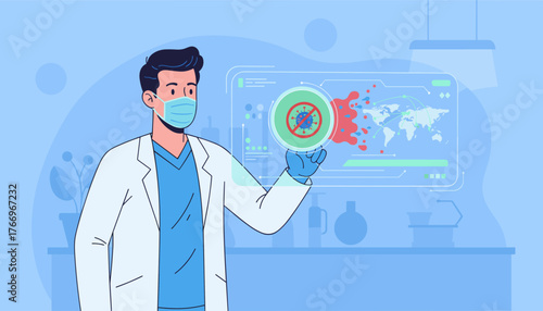 A doctor wearing a face mask and lab coat holds a petri dish with a "stop COVID-19" symbol, symbolizing the fight against the pandemic, with a digital interface displaying the virus's spread across