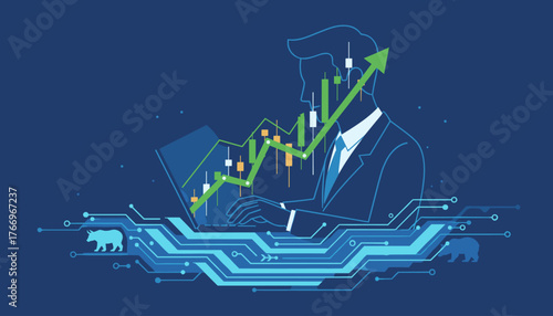 Dynamic double exposure illustration of a businessman analyzing a rising stock market graph on a laptop, symbolizing financial growth and trading success, with bull and bear market indicators on a