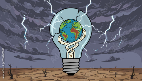 Conceptual illustration of a cracked light bulb containing the Earth, symbolizing environmental crisis, with a dramatic stormy sky, lightning strikes, and a barren, drought-stricken landscape below