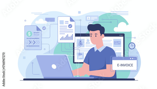 Modern flat illustration of a man working on a laptop, managing e-invoices and digital statements, symbolizing online financial transactions, accounting, and business efficiency with charts and