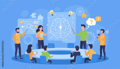 Diverse team of professionals engaged in a dynamic brainstorming session around a conference table, presenting ideas on a large screen displaying a stylized brain and flowcharts, fostering
