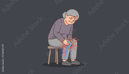 Elderly woman experiencing severe knee pain, with visual representation of inflammation and discomfort in the joint and surrounding tendons, highlighting the challenges of aging and joint health