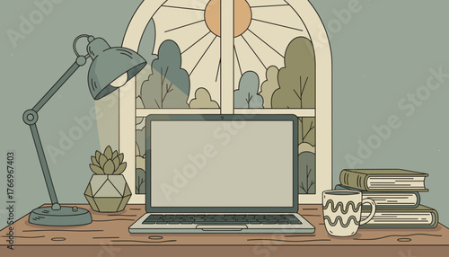 Cozy home office scene with a laptop featuring a blank screen, a desk lamp illuminating the workspace, a potted succulent, a stack of books, and a mug of coffee, all set against a window view of