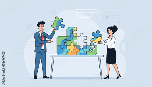 Diverse business professionals collaborate to assemble a complex jigsaw puzzle, symbolizing teamwork, partnership, and problem-solving in a modern office setting with abstract digital elements