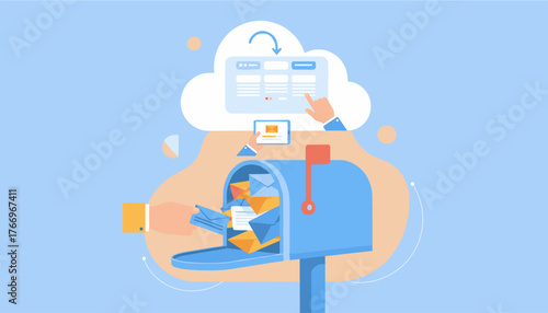 Digital communication concept illustration: A hand places letters into a blue mailbox, symbolizing incoming mail, while another hand interacts with a cloud-based interface on a tablet, representing