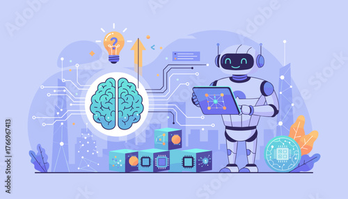 Vibrant illustration of a friendly robot interacting with a digital brain and circuit board elements, symbolizing artificial intelligence, machine learning, and technological innovation in a modern