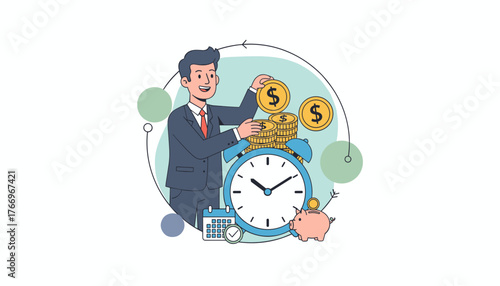 Concept of long-term investment and savings, represented by a businessman stacking coins next to a piggy bank, alarm clock, and calendar, symbolizing financial planning and tax time, in a modern flat