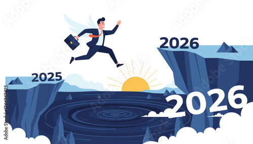 A determined businessman with angel wings leaps across a chasm from a cliff labeled 