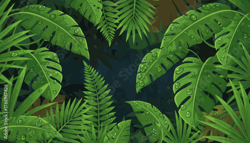 Vibrant and lush green tropical foliage, featuring large monstera leaves and delicate ferns, adorned with glistening water droplets, set against a dark, mysterious jungle background, evoking a sense