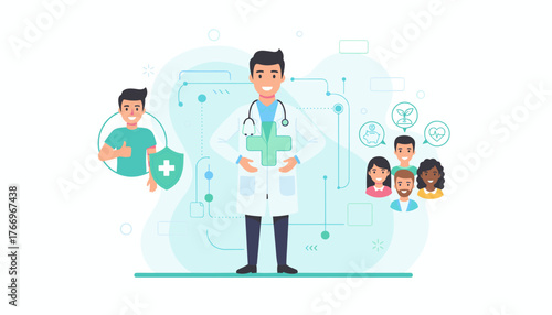 Professional male doctor in white coat with stethoscope holding a large green plus sign, surrounded by icons representing health, finance, and community, symbolizing comprehensive healthcare and