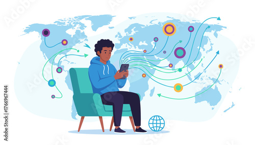Young man sitting comfortably in a teal armchair, engrossed in his smartphone, with a stylized world map in the background, symbolizing global connectivity, social networking, and digital