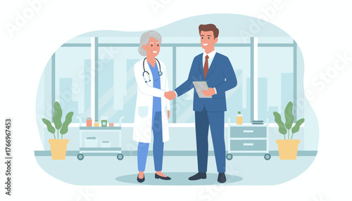 Mature female doctor in white coat and stethoscope shakes hands with a smiling businessman in a blue suit holding a tablet, representing a successful healthcare partnership or medical consultation in
