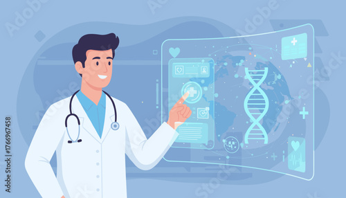 A smiling male doctor in a white lab coat with a stethoscope around his neck interacts with a futuristic holographic medical interface displaying DNA, a world map, and health icons, representing