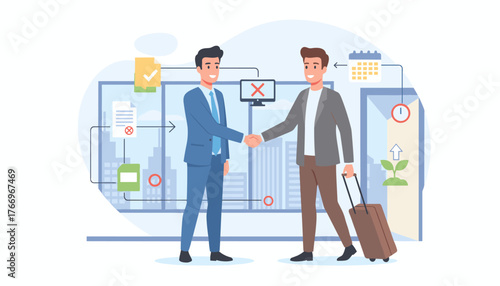 Business professionals shaking hands in a modern office setting, symbolizing a successful offboarding process with documents, calendar, and growth icons representing transition and future prospects