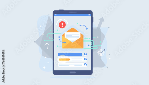 Digital communication concept: A smartphone screen displays an email notification with an alert symbol, representing business correspondence and digital messaging, with abstract network graphics and